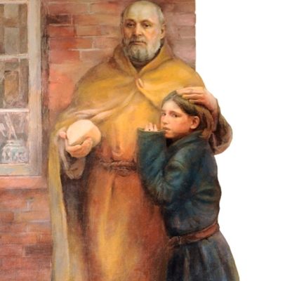 Painting of Saint Brother Albert holding a child